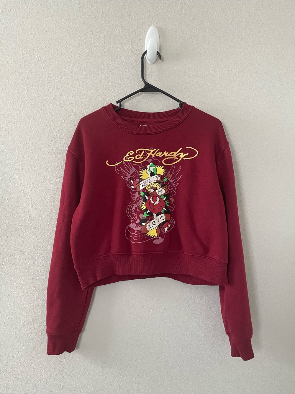 Ed Hardy Maroon Crewneck Sweatshirt with White Logo